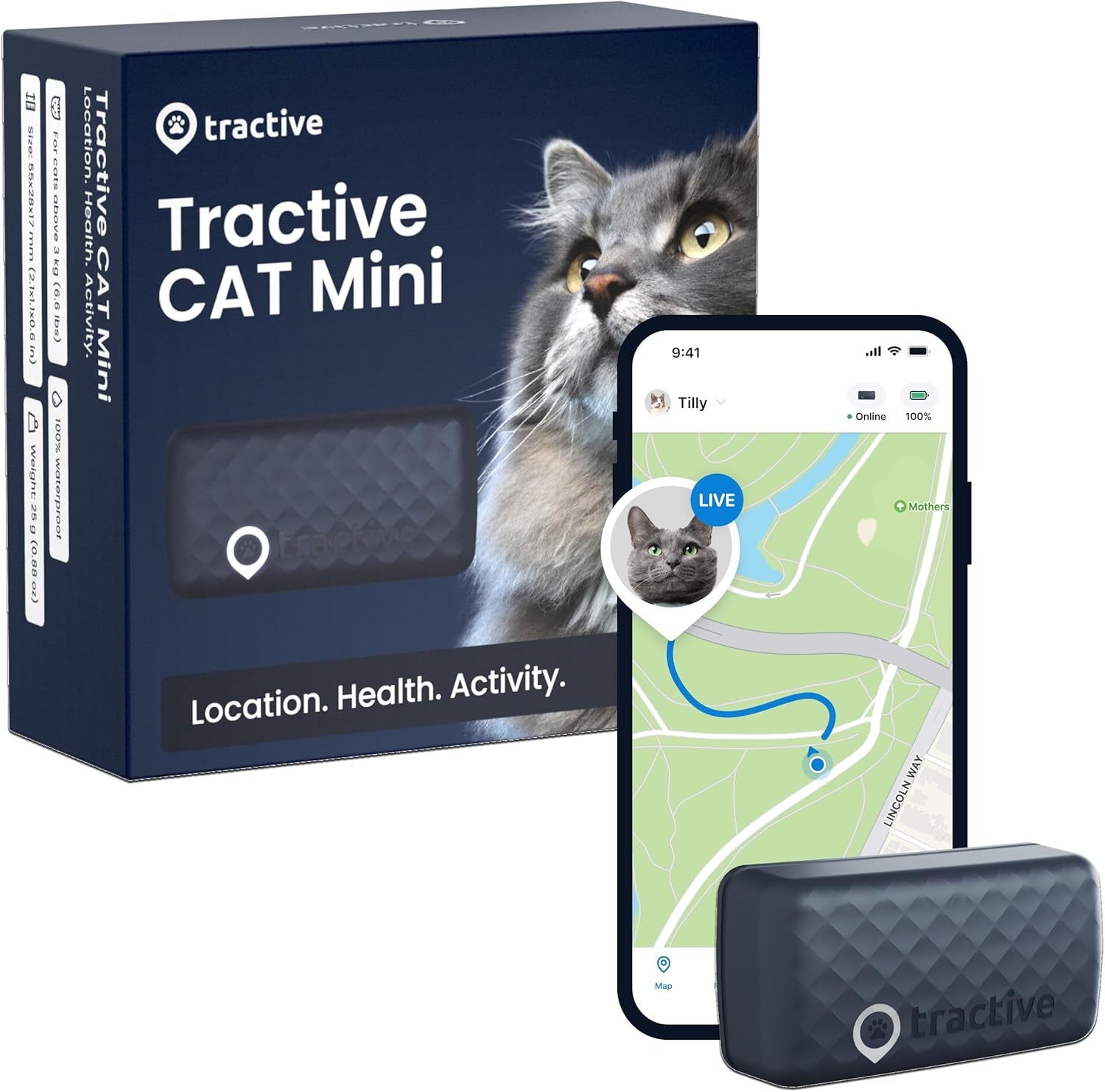 GPS Cat Tracker (6.5 Lbs+), Real-Time Pet Location Tracker, Health & Wellness Alerts, Battery Life up to 7 Days, Breakaway Cat Collar Included (Dark Blue)