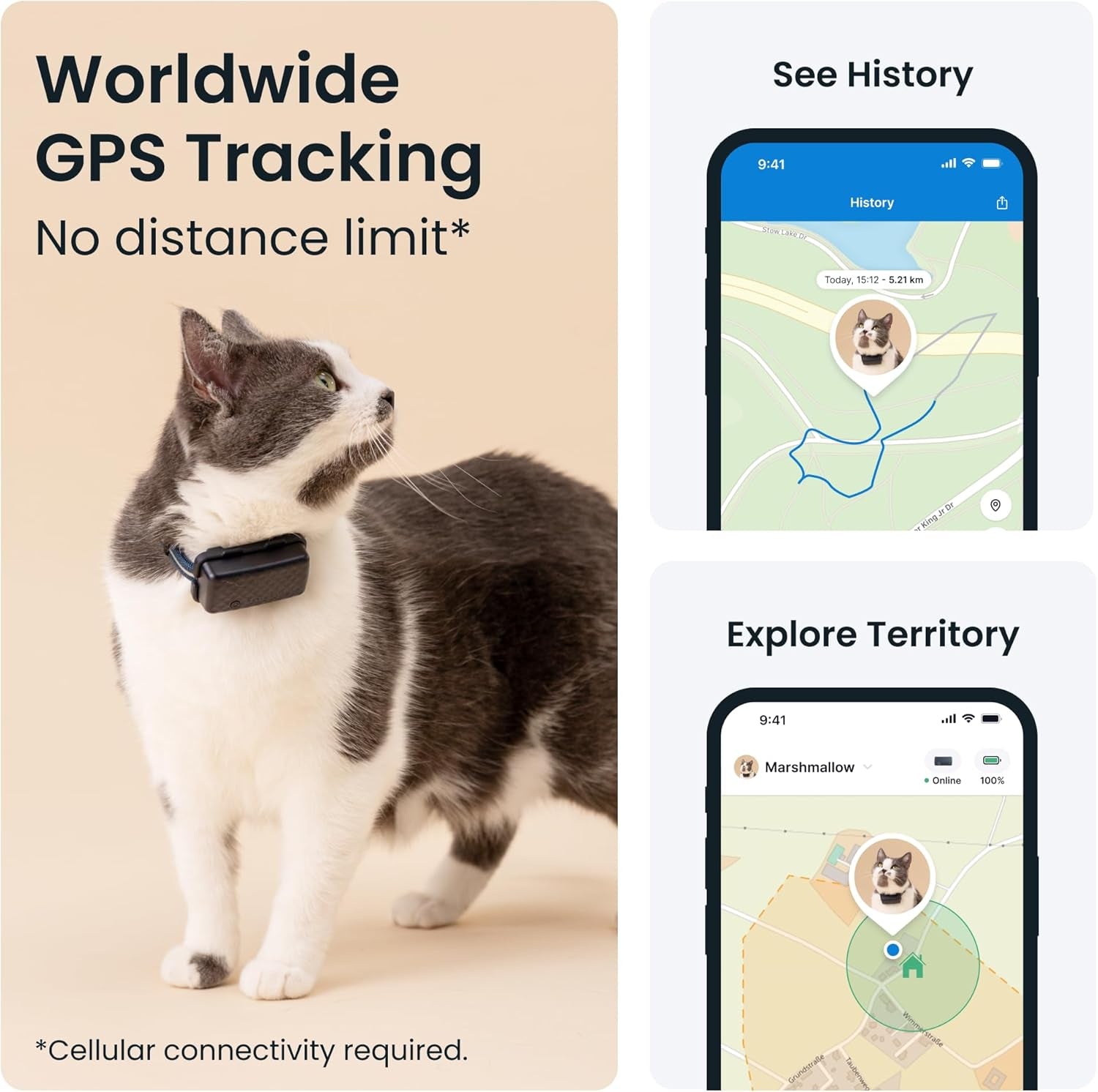 GPS Cat Tracker (6.5 Lbs+), Real-Time Pet Location Tracker, Health & Wellness Alerts, Battery Life up to 7 Days, Breakaway Cat Collar Included (Dark Blue)